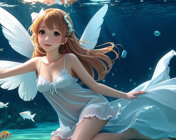 Underwater Scene with Fairy-Like Woman and Fish