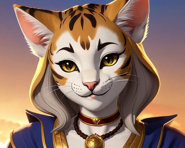 Stylized Feline Character with Tiger Markings and Sunset