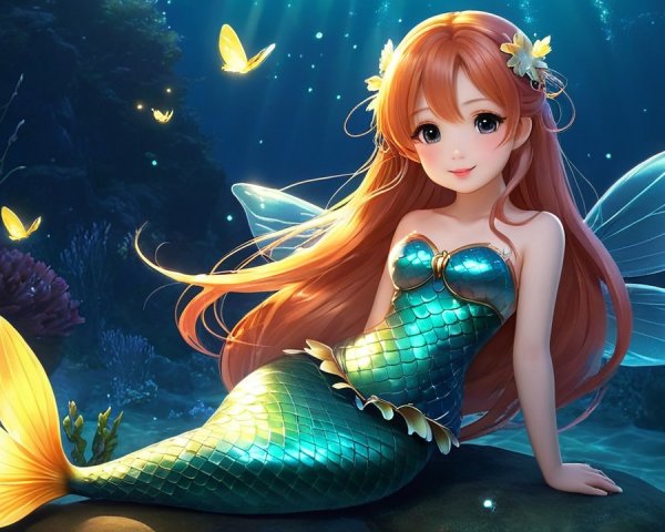 Whimsical Underwater Scene with Mermaid and Butterflies