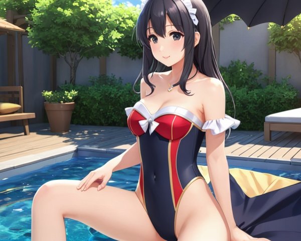 Young Woman by Pool in Stylish Swimsuit and Umbrella