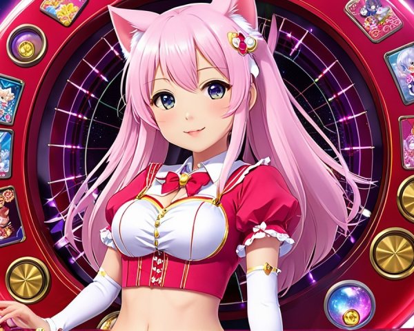 Vibrant anime character with pink hair and casino theme