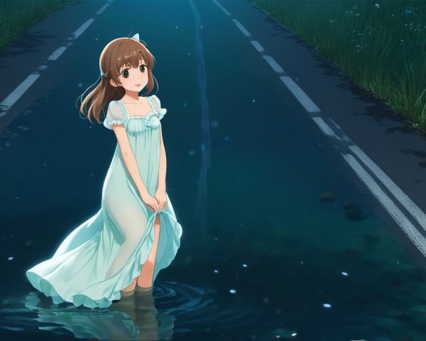 Young girl in nightgown on tranquil water road