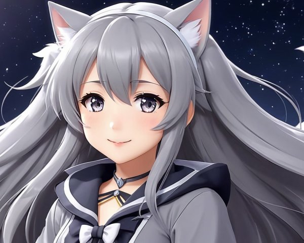 Character with Silver Hair and Cat Ears in Starry Sky