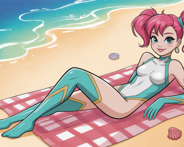 Anime girl in white swimsuit on beach towel by ocean