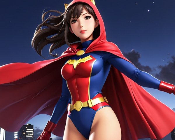 Superheroine in Vibrant Costume Against City Skyline