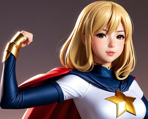 Confident Female Superhero in Blue and White Costume
