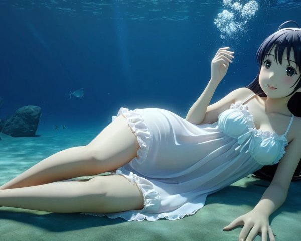 Animated Character Relaxing Underwater in White Dress