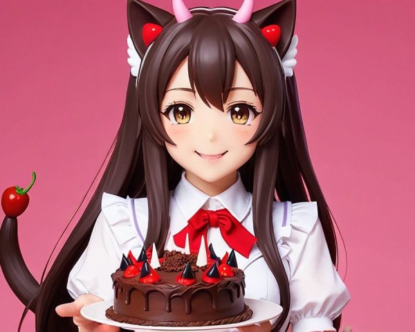Cheerful anime character with cake and cat ears