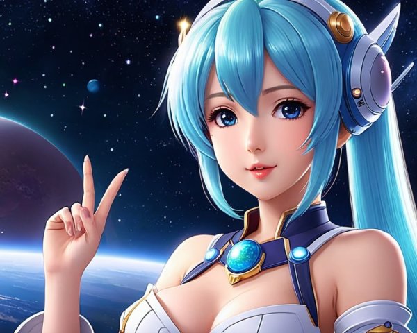 Futuristic character in cosmic setting with blue hair