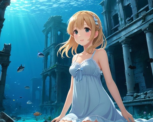 Underwater Scene with Young Woman Among Ancient Ruins
