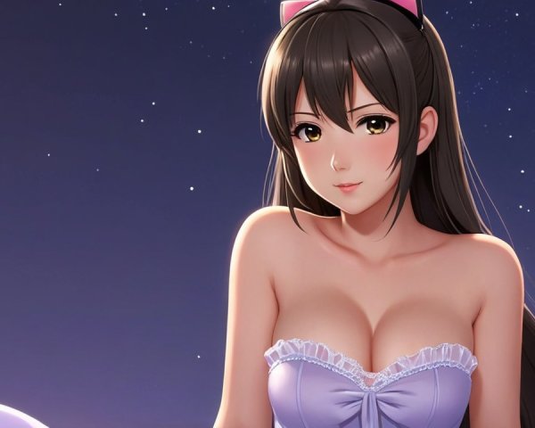 Young woman in lavender outfit in starry night scene