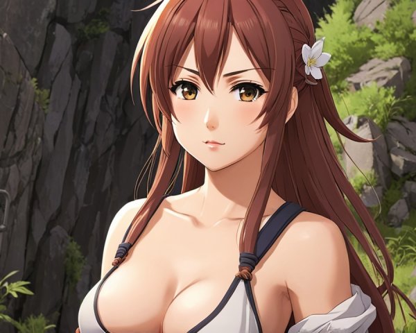 Anime Character in Nature with Brown Hair and Flower