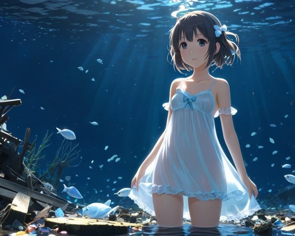 Young girl in serene underwater scene with fish