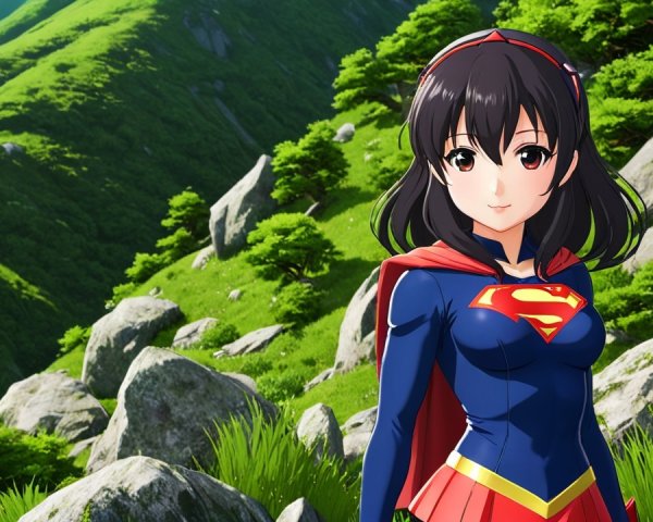Superhero Character in Vibrant Green Landscape