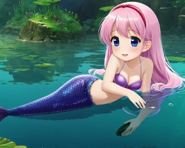 Anime-style mermaid with pastel pink hair in water