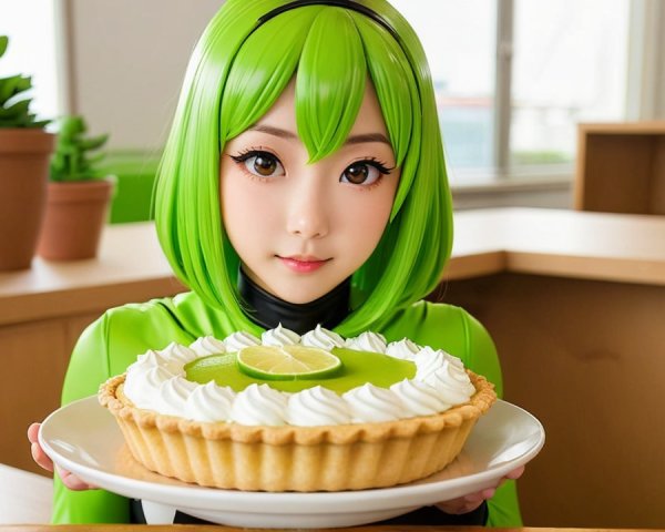Vibrant Green Hair Character with Lime Pie Display