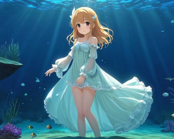 Young girl underwater in a pale blue dress with coral