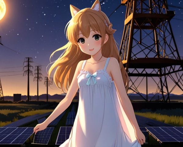 Young girl in a dress with solar panels at dusk