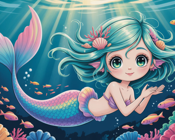 Chibi-style mermaid with colorful underwater scene