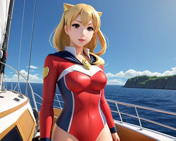 Anime-Inspired Character on Sailboat with Ocean View