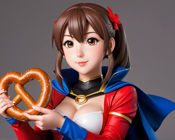 Anime Character in Superhero Outfit with Pretzel