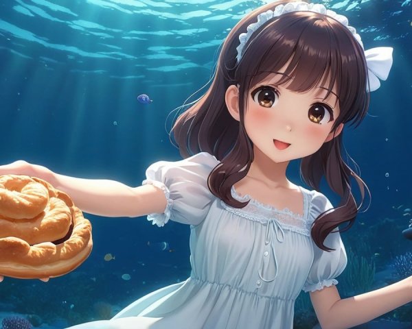 Young girl in underwater scene with pastry and apple