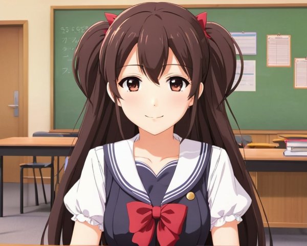 Cheerful Anime Girl in School Classroom Setting