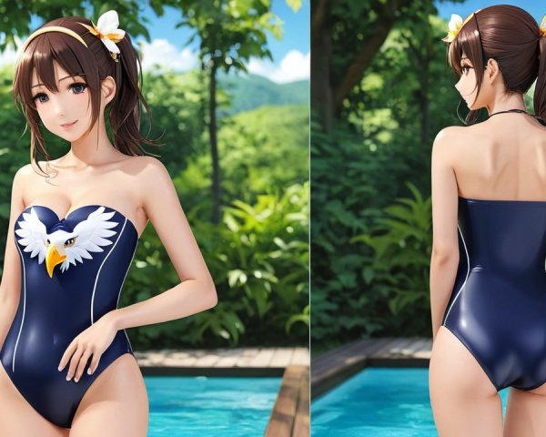 Young woman in navy swimsuit by a poolside setting