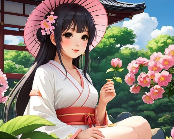 Young Woman in Kimono Surrounded by Cherry Blossoms