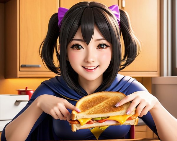 Cheerful Girl in Superhero Costume with Sandwich