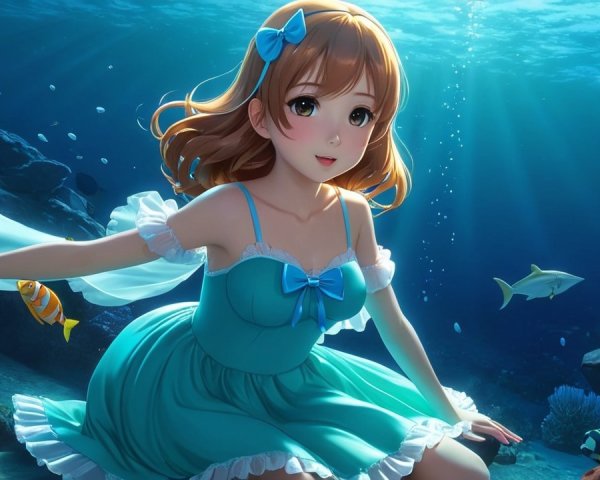 Young girl swimming in enchanting underwater scene
