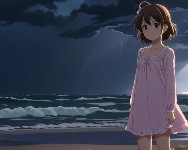 Young girl in pink nightgown on beach at dusk