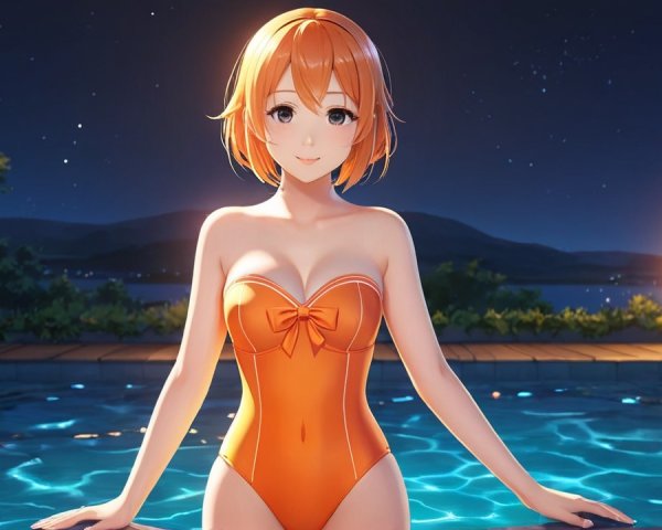 Cheerful anime character by shimmering night pool
