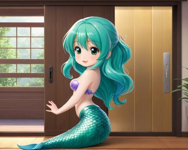 Stylized Mermaid Character in Cozy Indoor Setting