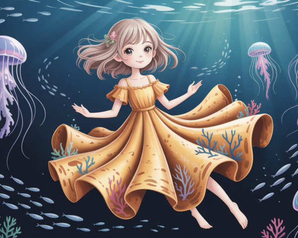 Digital Painting of Girl in Ocean with Floral Dress