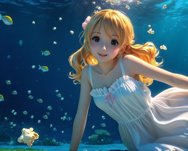 Whimsical Underwater Scene with Girl and Tropical Fish