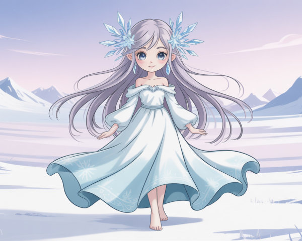 Chibi-Style Anime Girl in White Dress with Ice Crown