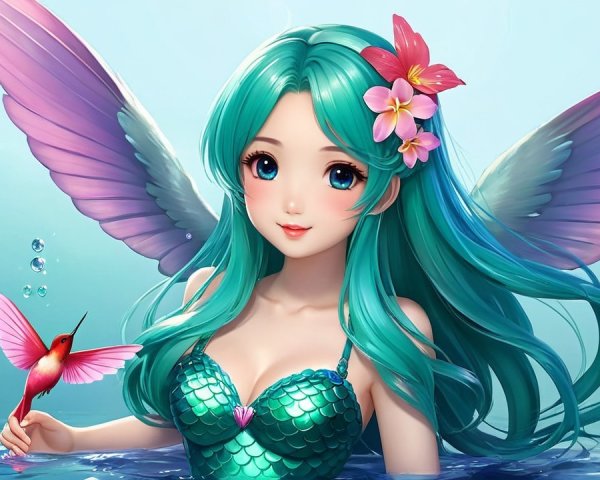 Mermaid with Turquoise Hair and Shimmering Wings