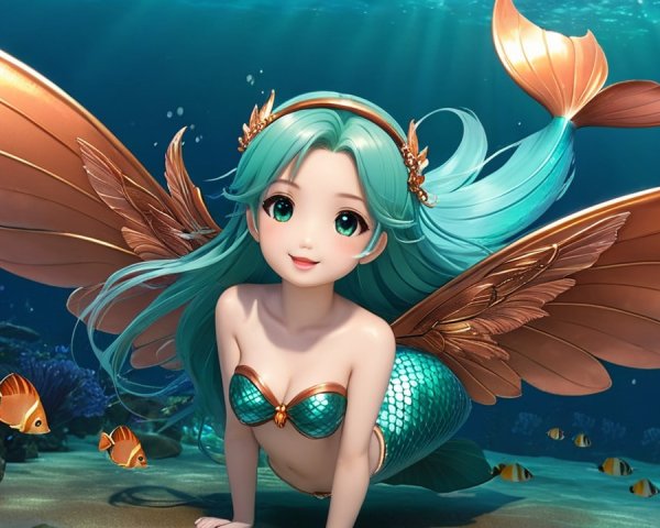 Mermaid with Turquoise Hair in Underwater Landscape