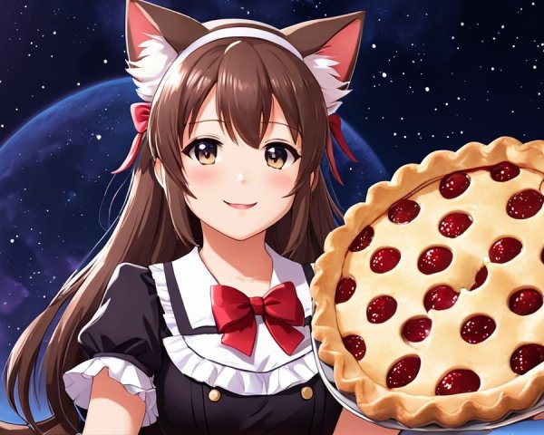 Cheerful character in maid outfit with pie in space