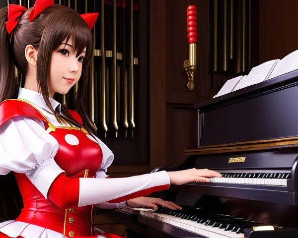 Young Woman in Red Outfit at Grand Piano