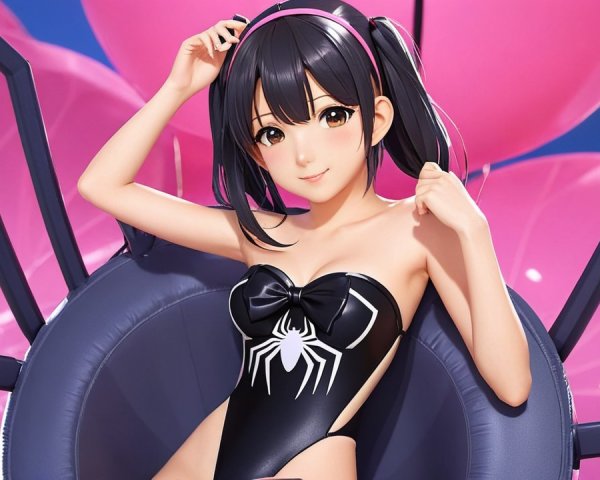 Young Woman in Black Swimsuit with Spider Design
