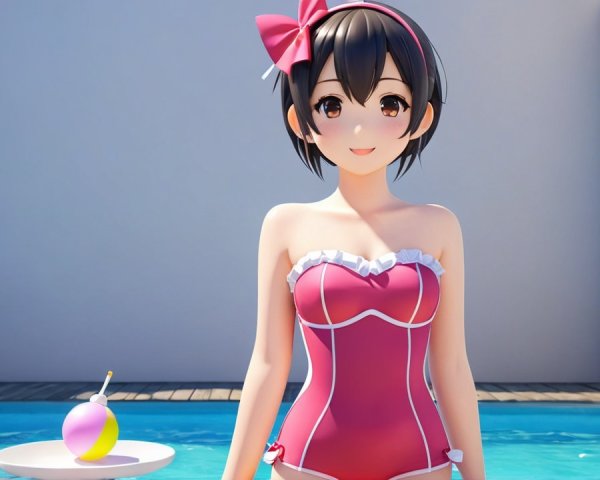 Cheerful Anime Character by Bright Blue Pool