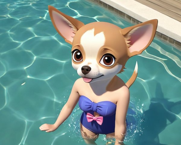 Cute Chihuahua in Blue Swimsuit by Sparkling Pool