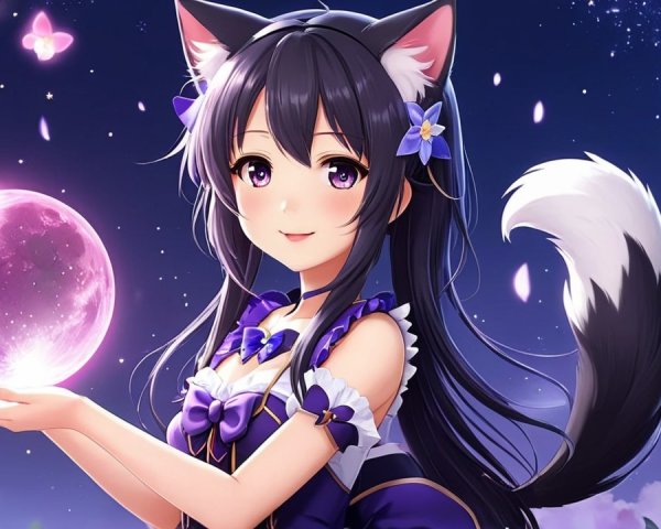 Feline Character in Magical Night Sky with Butterflies