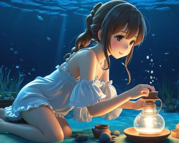 Underwater Scene with Woman and Lantern Surrounded by Marine Life