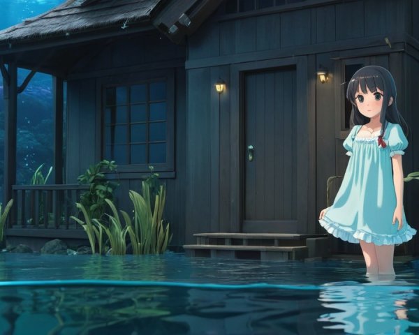 Underwater Scene with Wooden House and Young Girl