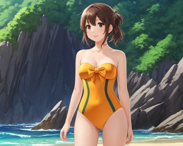 Young Woman in Orange Swimsuit at Sandy Beach