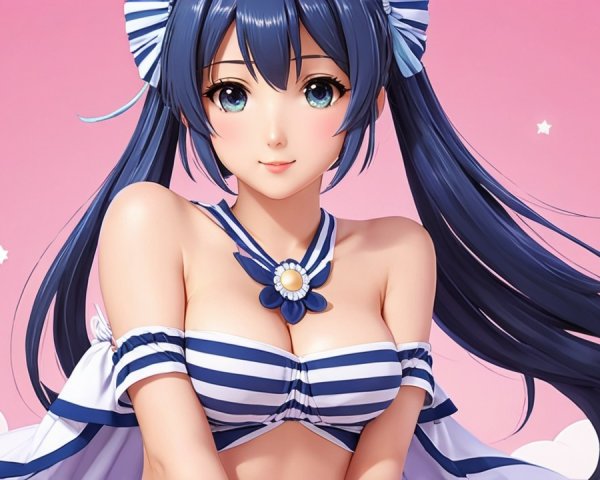 Anime Character with Dark Blue Hair and Bikini Top