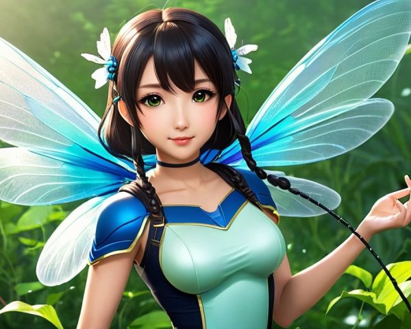 Whimsical Character with Blue Wings in Lush Greenery